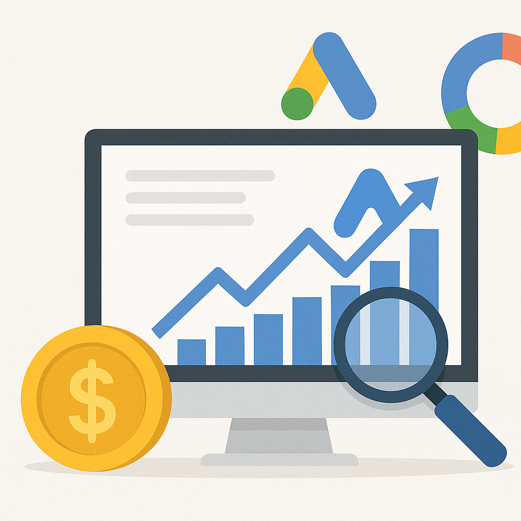 Infografik zur Google-Ads-Gebotsoptimierung: Smart Bidding, Ziel-CPA/ROAS, Diagramme zu Conversions und ROI.