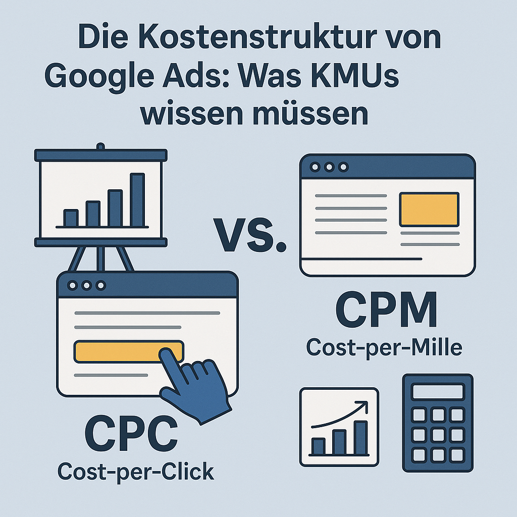 Inhaberin eines kleinen Unternehmens analysiert Google-Ads-Budget auf Laptop, Balkendiagramme zu CPC, ROI und Budgetverteilung sichtbar; Notizblock mit Marketing-Zielen liegt daneben.