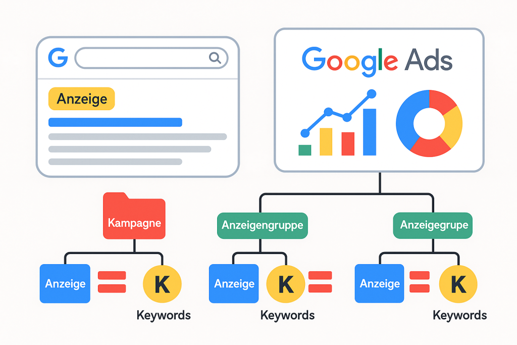 Google Ads Überblick: Suchanzeige links, Dashboard rechts; darunter Kontostruktur von Kampagne → Anzeigengruppen → Anzeigen + zugehörige Keywords.