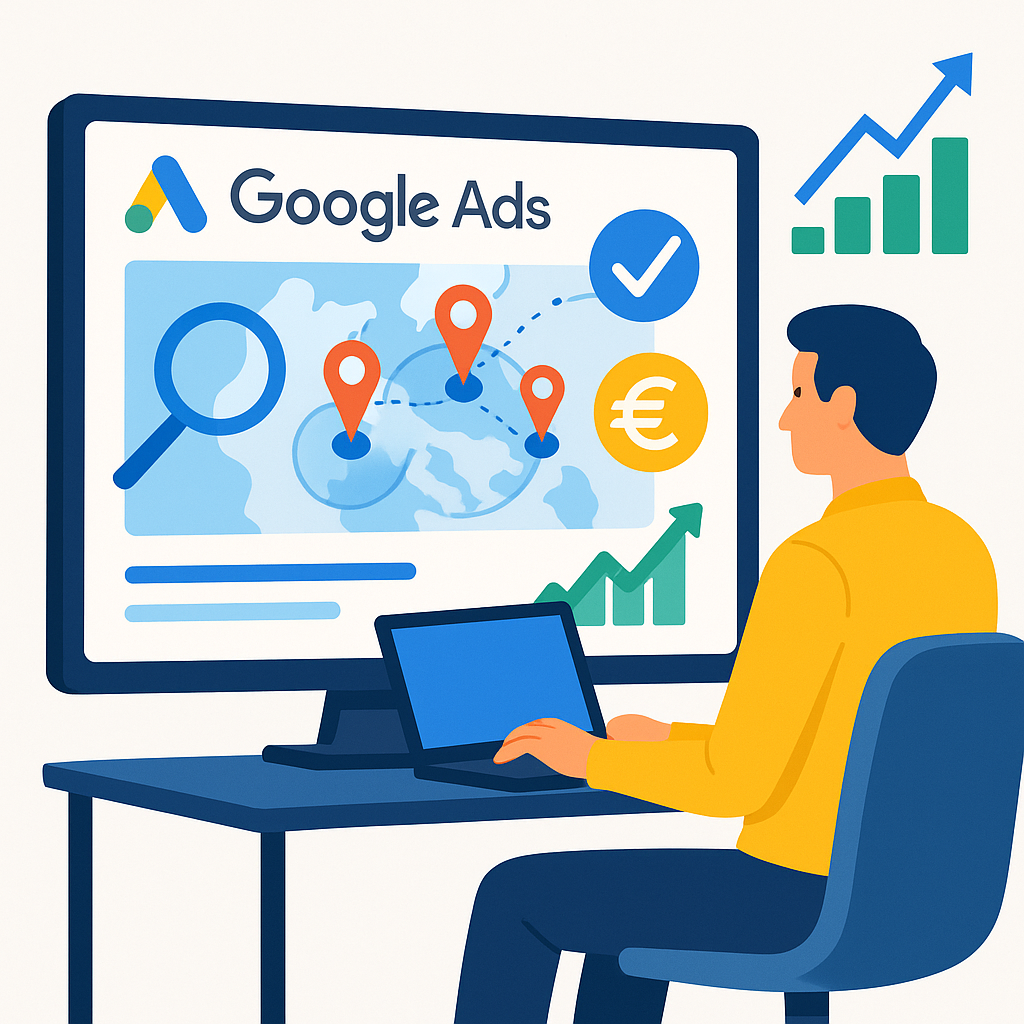 Illustration eines Mannes am Laptop, der Google Ads Geo-Targeting analysiert. Auf einem großen Bildschirm sind eine Landkarte mit Standort-Pins, ein Vergrößerungsglas, ein Euro-Symbol und ein Wachstumsdiagramm zu sehen.