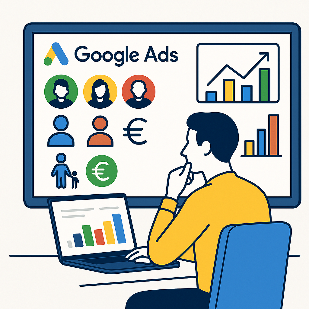 Illustration eines Mannes, der Google Ads demografisches Targeting analysiert. Auf einem Bildschirm sind Symbole für Altersgruppen, Geschlecht, Elternstatus und Einkommen dargestellt, daneben Balkendiagramme und ein steigendes Liniendiagramm.