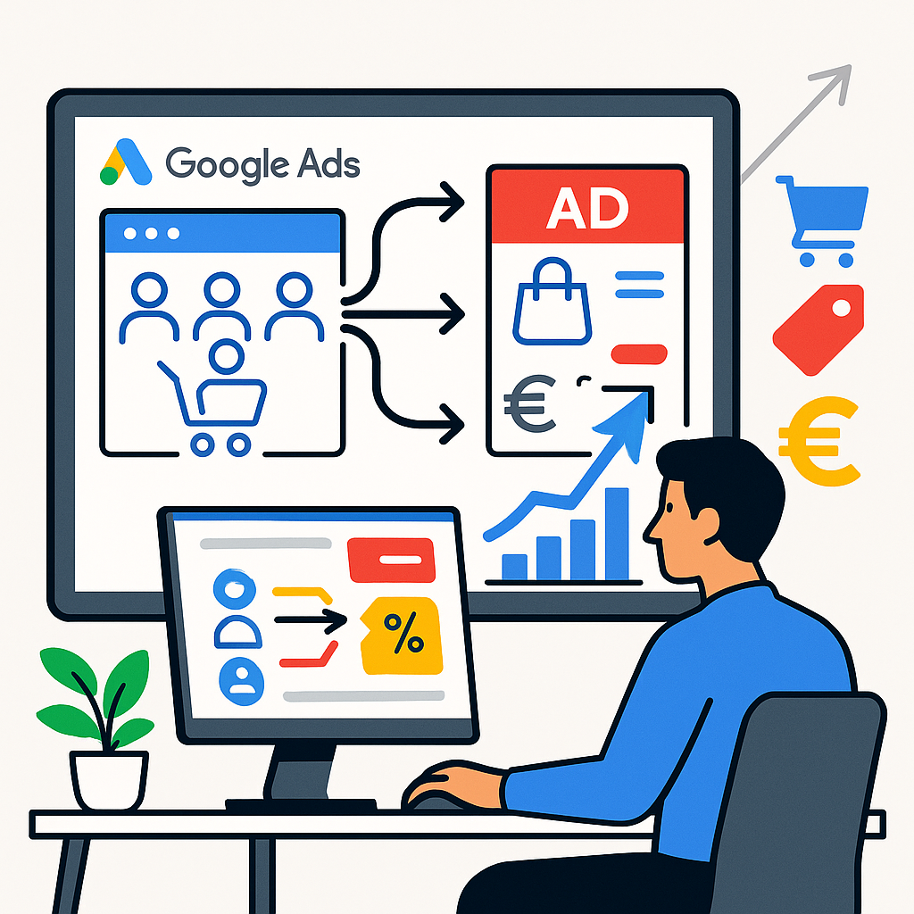 Illustration eines Marketers, der Google Ads Retargeting analysiert. Auf einem Bildschirm ist der Retargeting-Prozess dargestellt: Website-Besucher werden über Anzeigen mit Warenkorb-, Rabatt- und Euro-Symbolen erneut angesprochen. Pfeile und Diagramme zeigen steigende Conversions.