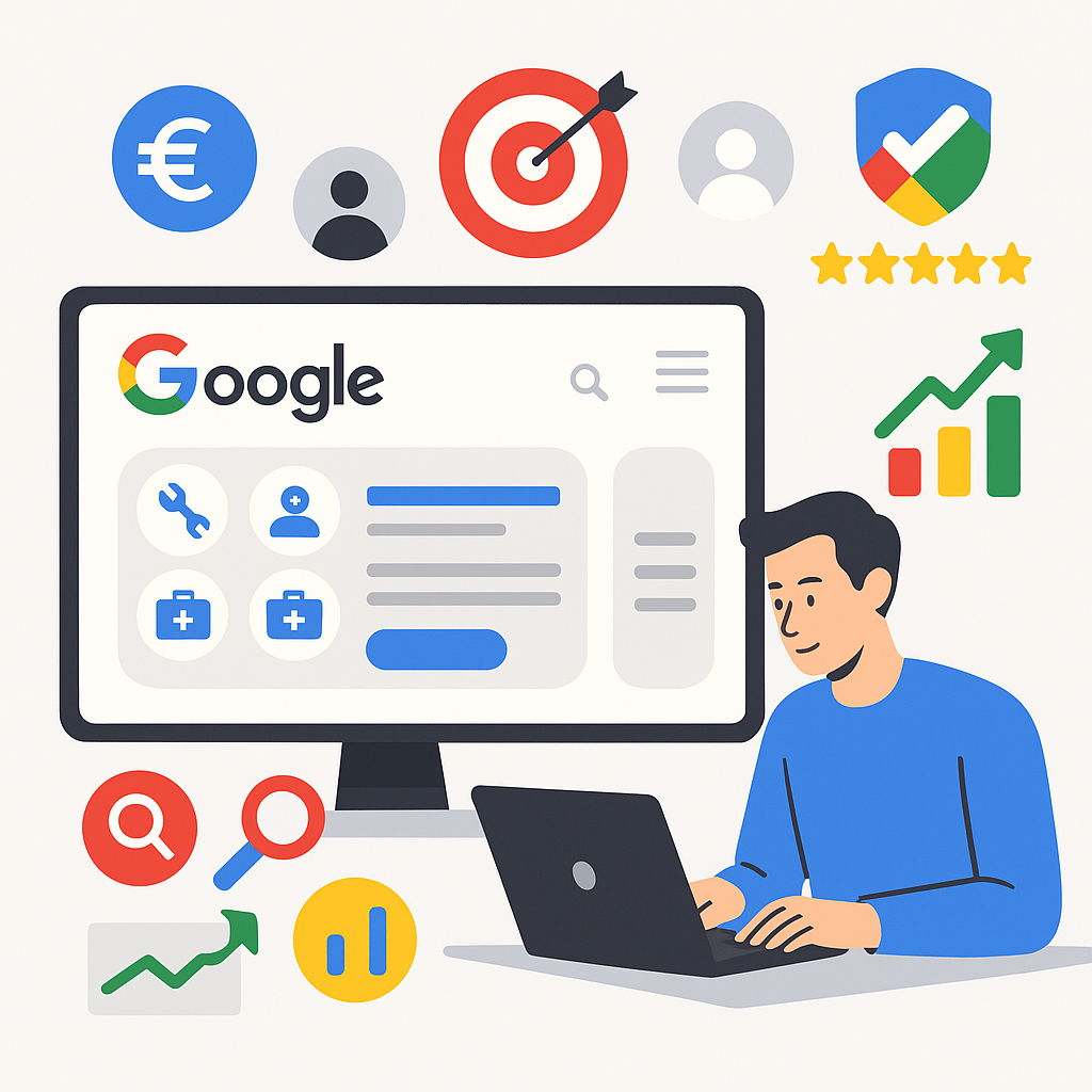 Illustration eines Marketers, der Google Ads für Dienstleister am Laptop verwaltet. Auf dem Bildschirm ist die Google-Suche mit Anzeigen zu sehen, umgeben von Symbolen für Zielgruppenanalyse, Budget (Euro), Keywords (Lupe), Bewertungen (Sterne), ROI-Diagramme und Google Käuferschutz