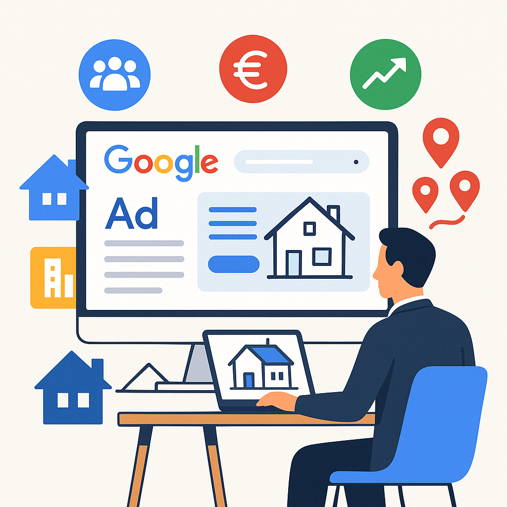 Illustration eines Immobilienmaklers, der Google Ads Kampagnen verwaltet. Auf dem Bildschirm sind Immobilienanzeigen mit Haus-Symbol, Call-to-Action und Suchergebnis zu sehen. Umgeben von Icons für Budget (Euro), ROI (Diagramm), Zielgruppen-Targeting und Standort-Pins.