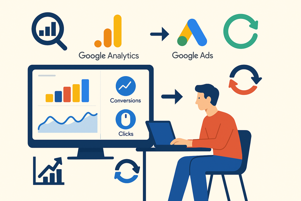 Infografik im Flat-Design zeigt die Verknüpfung von Google Analytics und Google Ads. Ein Mann sitzt am Computer, auf dem Bildschirm erscheinen die Logos von Google Analytics und Google Ads mit einem Verbindungspfeil. Umgeben von Icons für Remarketing, Performance, Synchronisation und ROI.