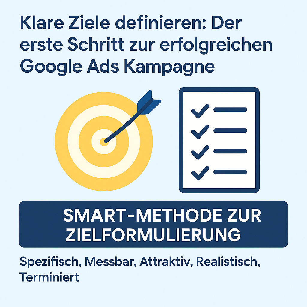 Marketing-Managerin analysiert Google-Ads-Dashboard mit CTR-, CPC-, ROAS-Charts; Laptop, Notizen, Fokus auf Zieldefinition und A/B-Tests