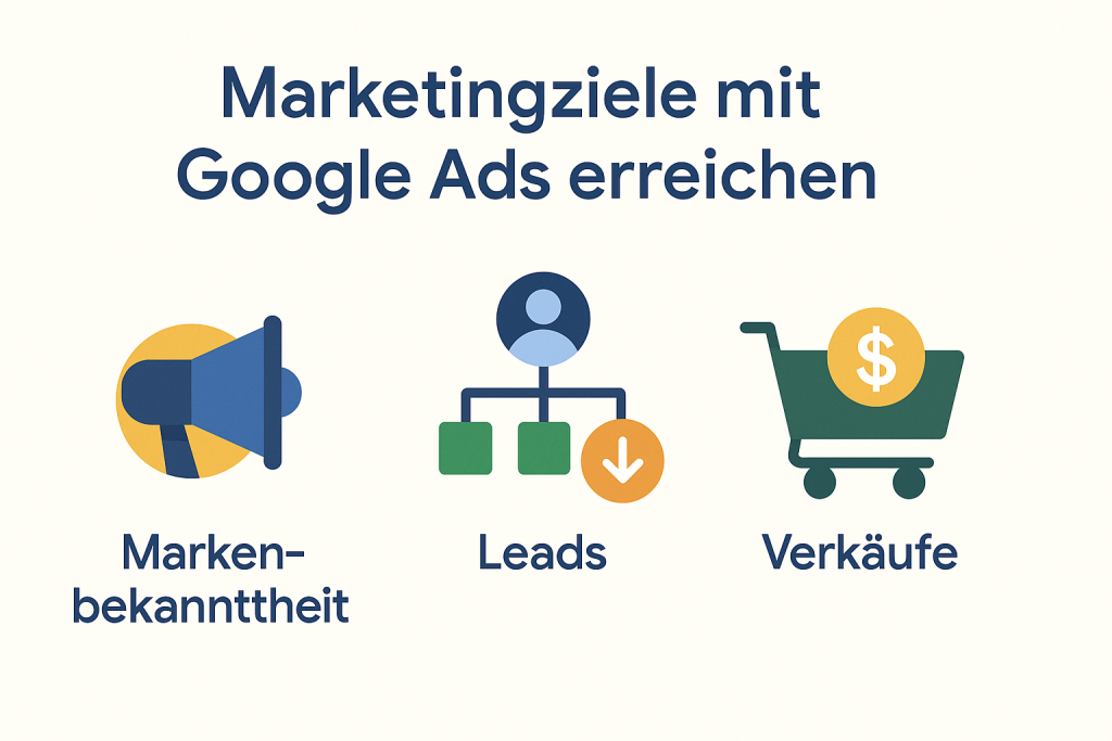 Google Ads Kampagnentypen erklärt – Suche, Display, Video, Shopping, App, Lokal, Smart & Performance Max; Ziele: Markenbekanntheit, Leads, Sales; KPIs wie CTR, CPC, ROAS.