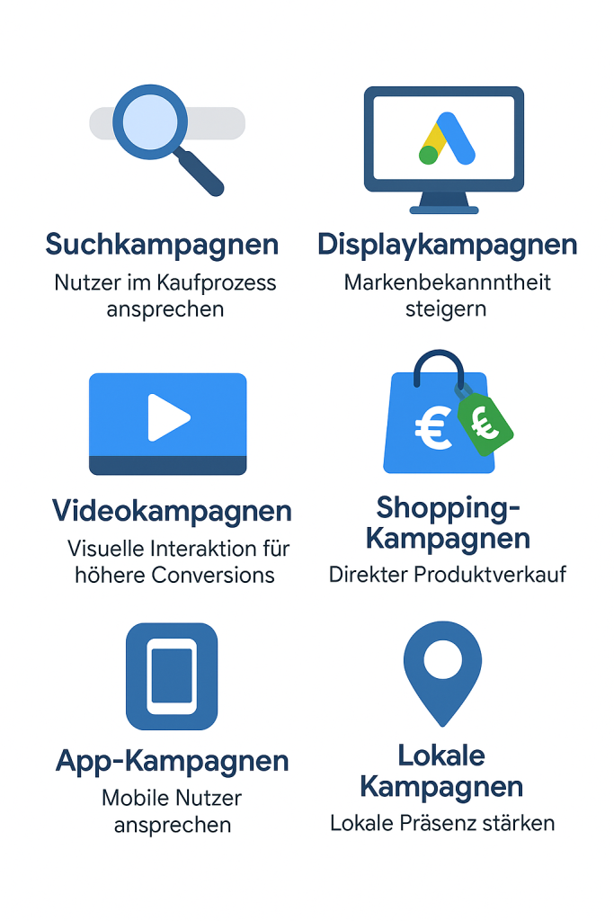 Marketing-Team vergleicht Google-Ads-Kampagnentypen an einem Dashboard – Symbole für Suche, Display-Banner, YouTube-Video, Shopping-Produktkarte, App-Icon, Karten-Pin – mit Ziel-Buttons ‚Branding‘, ‚Leads‘, ‚Sales‘ und sichtbaren KPI-Charts.