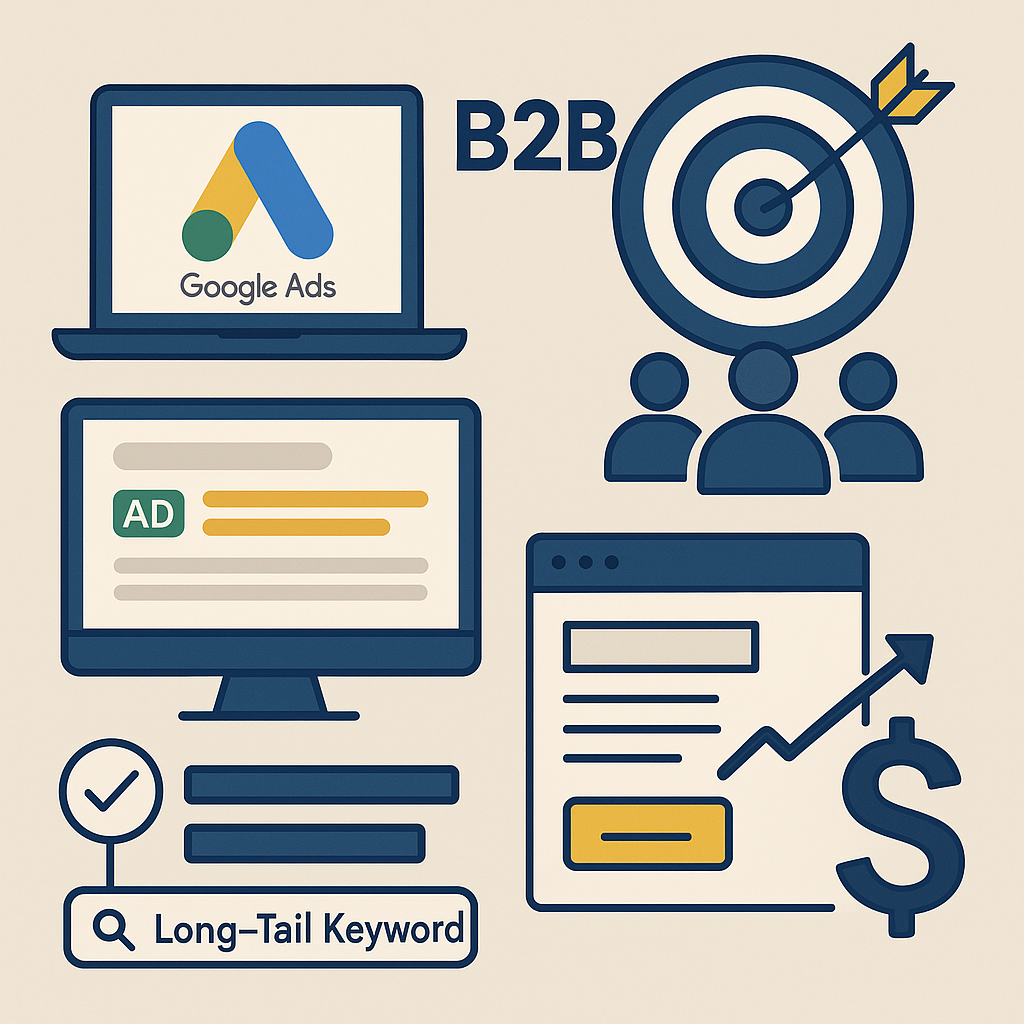 Flache digitale Illustration, die die wichtigsten Elemente von B2B-Google-Anzeigen zeigt: einen Laptop mit dem Google-Ads-Logo, eine Zielscheibe mit einem Pfeil, der für präzises Targeting steht, einen Computerbildschirm mit einer Anzeige, eine Long-Tail-Keyword-Suche und eine Landing Page mit einem Call-to-Action, der zur Lead-Generierung und zum Umsatz führt.