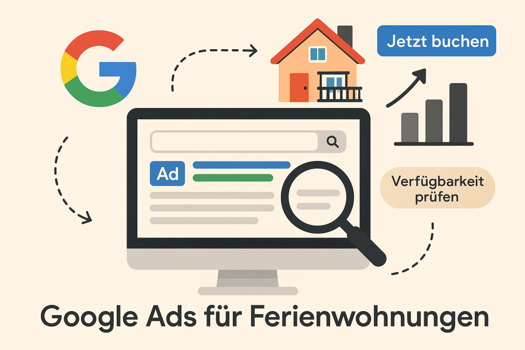 2D-Illustration zu Google Ads für Ferienwohnungen mit Computerbildschirm, Google-Anzeige, Lupe, Ferienhaus, Call-to-Action-Buttons und Wachstumsgrafik.