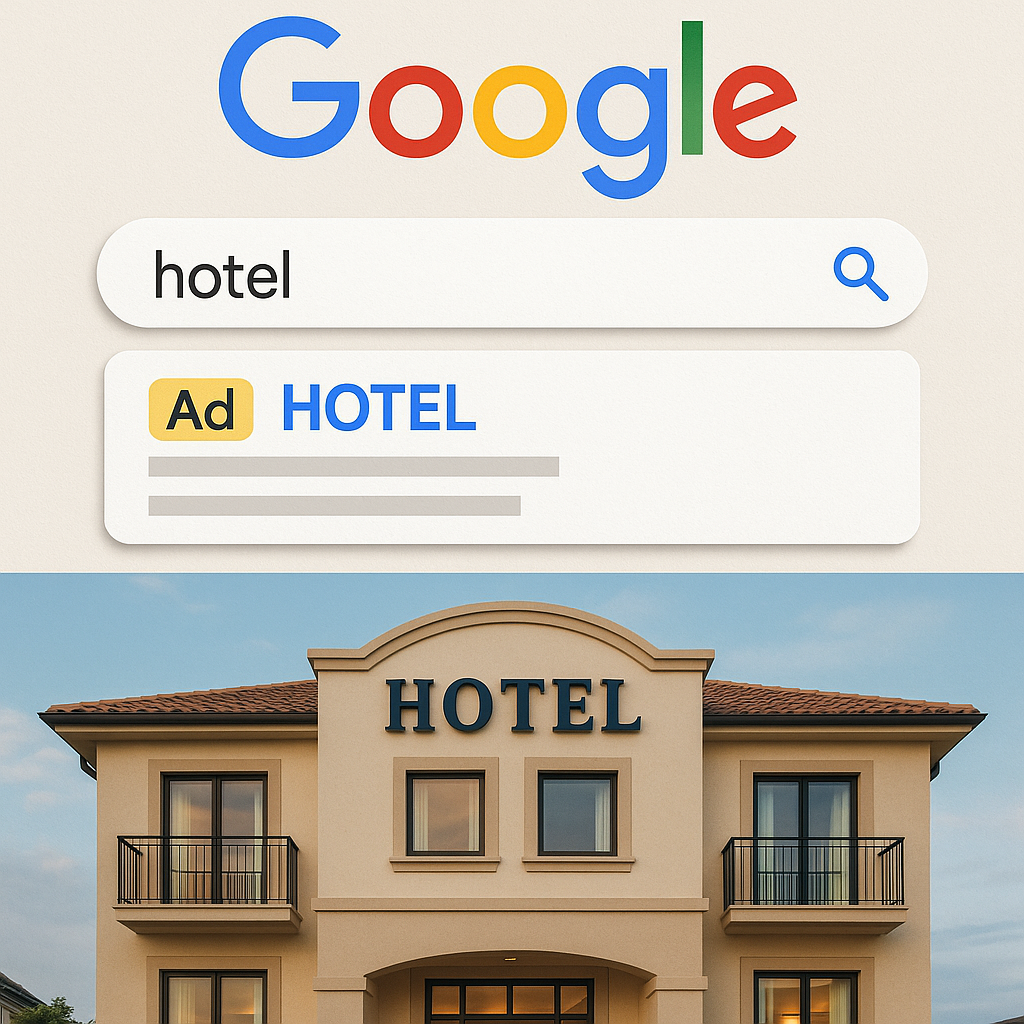 Eine digitale Werbeanzeige zeigt Google Ads zur Bewerbung von Hotels. Im oberen Bereich ist eine Google-Suchleiste mit hervorgehobener Hotelanzeige zu sehen, im unteren Bereich ein modernes, einladendes Hotelgebäude mit Balkonen und warmem Licht.