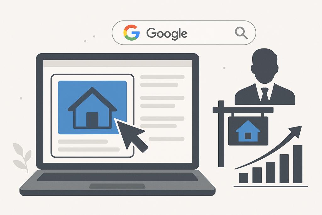 Illustration eines digitalen Konzepts für Immobilienanzeigen mit Google Ads: Ein Laptop zeigt eine Haus-Ikone mit einem Cursor, darüber die Google-Suchleiste. Daneben ist ein Immobilienmakler-Symbol, ein Verkaufsschild mit Haus-Symbol und ein steigendes Balkendiagramm zu sehen.
