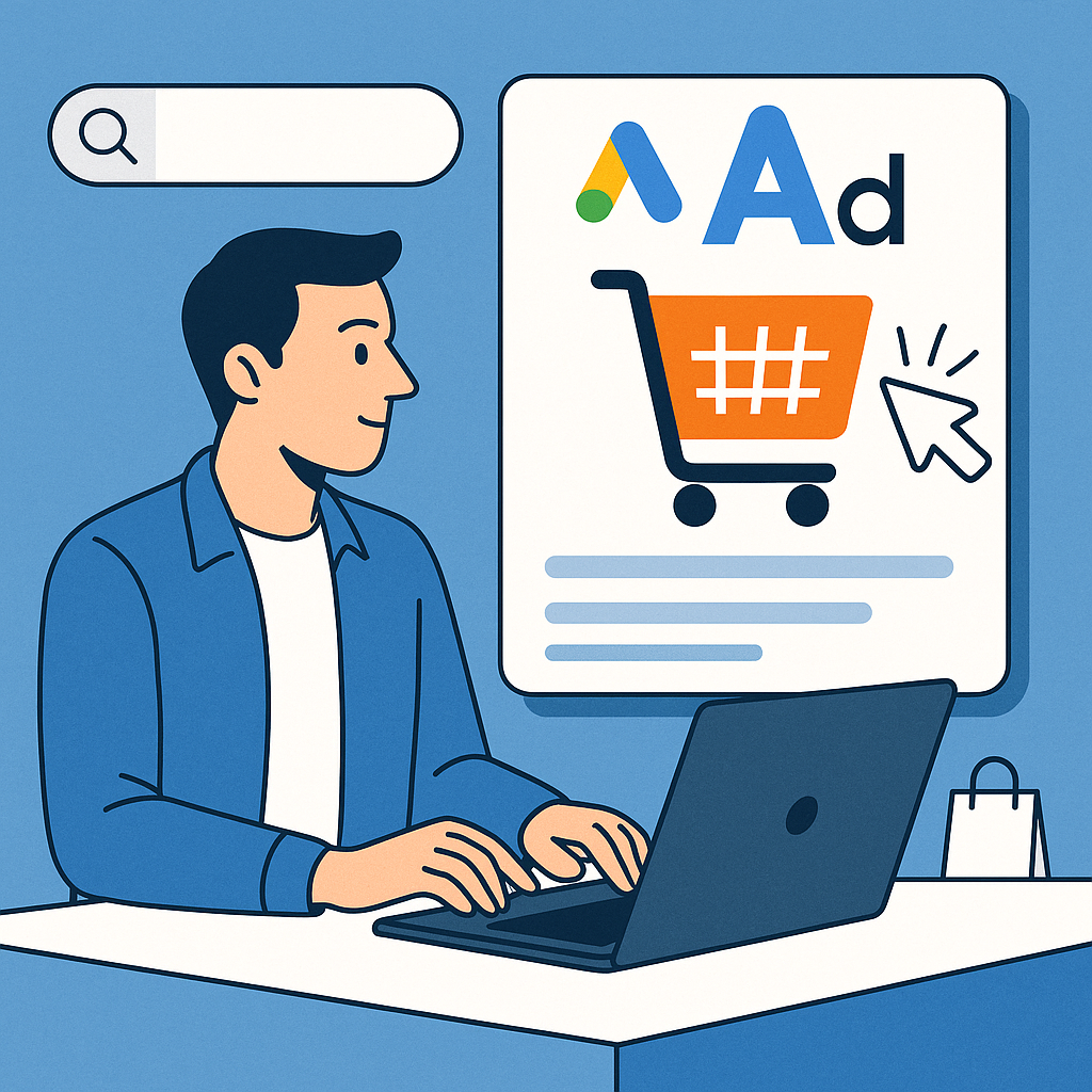 Illustration eines Mannes, der an einem Laptop sitzt und eine Google Ads Kampagne für einen Online Shop erstellt. Auf einem Bildschirm daneben ist ein Einkaufswagensymbol mit Klick-Symbol zu sehen, das den gezielten Einsatz von Online-Werbung darstellt.