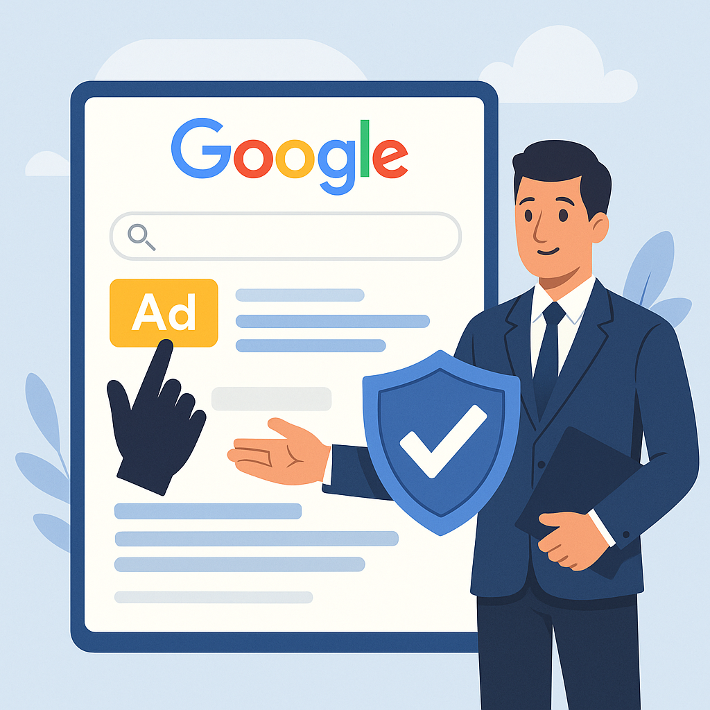 Illustration einer Google-Suchseite mit einem hervorgehobenen Anzeigenbereich, auf den geklickt wird, neben einem professionellen Versicherungsmakler in einem marineblauen Anzug, der ein Schild mit einem Häkchen hält, das Vertrauen und Sichtbarkeit durch Google Ads symbolisiert.