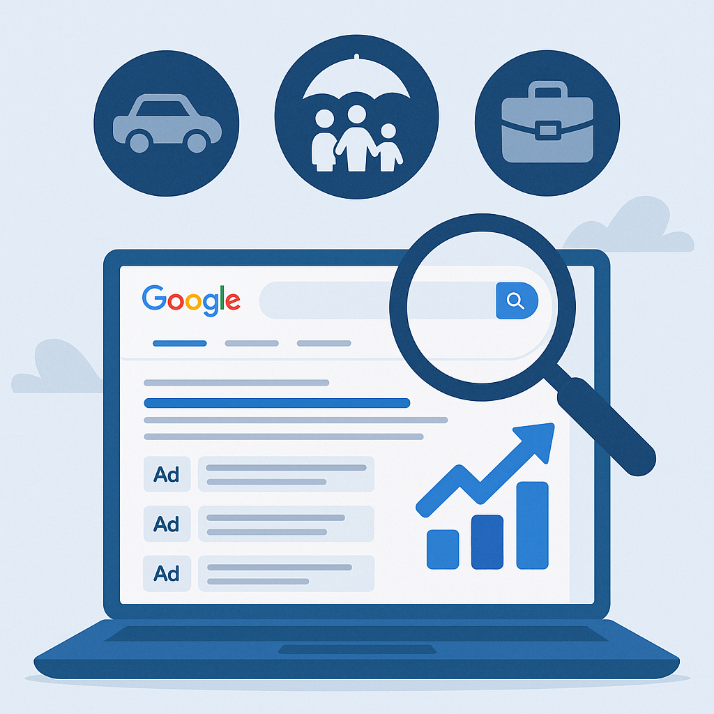 Illustration eines Laptops mit einer Google-Suchseite, auf der Anzeigen markiert sind. Darüber schweben drei Symbole für Versicherungskategorien: Auto, Familie unter einem Regenschirm und Aktenkoffer. Ein Vergrößerungsglas hebt die Suche hervor, daneben ein aufsteigendes Balken- und Liniendiagramm als Symbol für Wachstum.